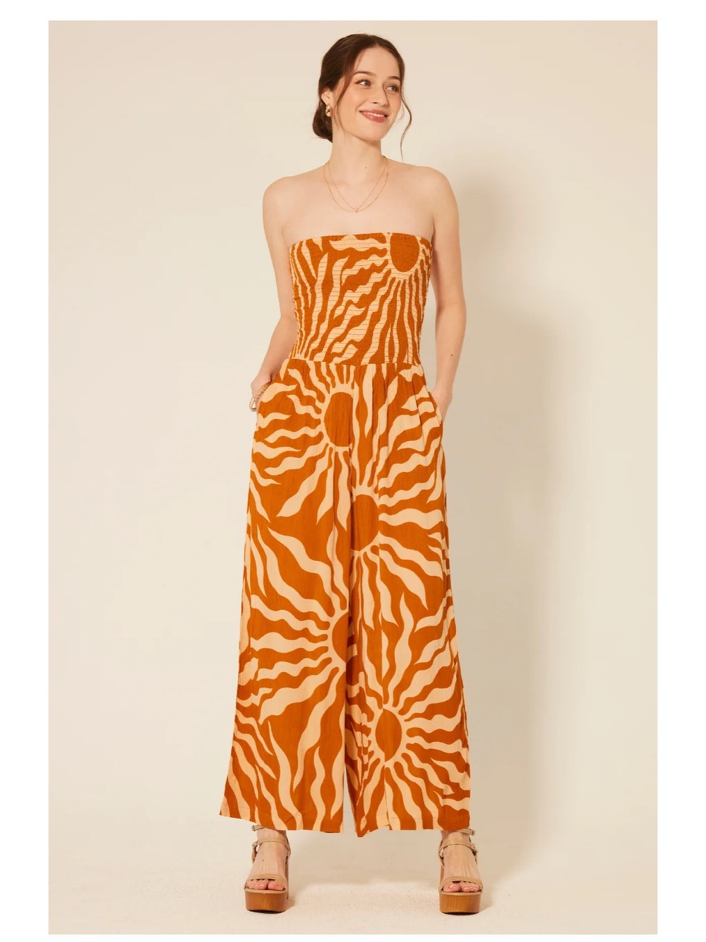 Patrons of Peace Orange Sun Print Strapless Wide Leg Jumpsuit Size S
